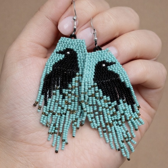 Handmade Raven Beaded Fringe 4” Earrings - Native Turquoise‎ & Black Seed Beads